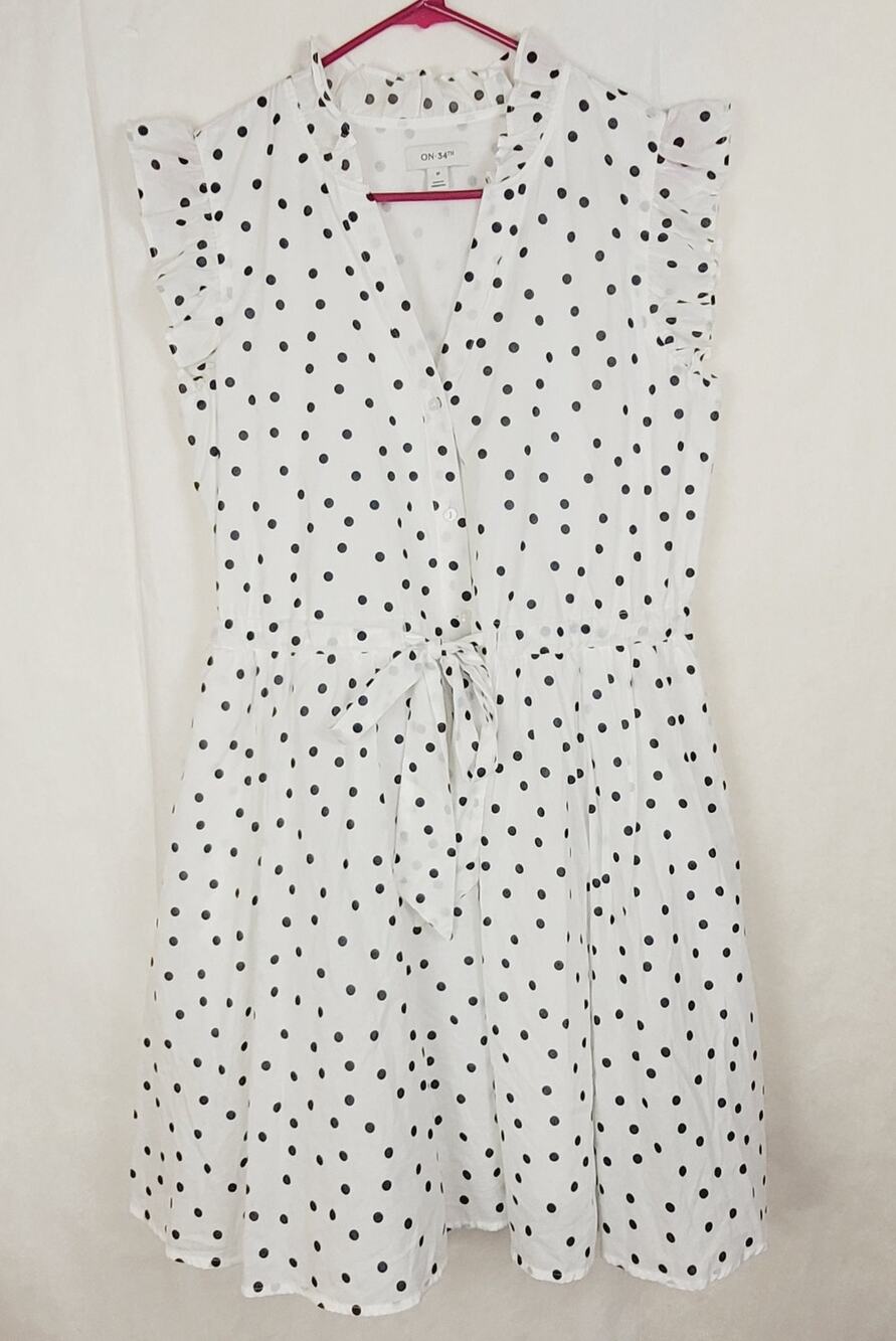 On 34th white blue polka dot ruffled sleeve button up shirt dress Size Med Retro